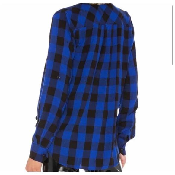 Rag & Bone Blouse S/P Camille Buffalo Check Blue & Black Hi/Low Blouson Shirt - Picture 2 of 8